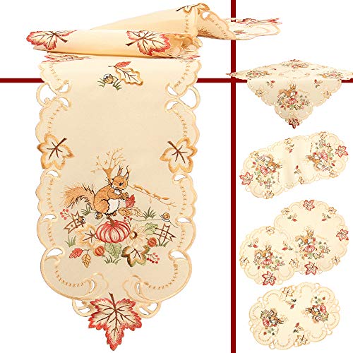Quinnyshop Eichhörnchen Kürbis Laubblatt Herbst Stickerei Deckchen ca. 30 cm Rund Leinen-Optik Polyester, Creme von Quinnyshop