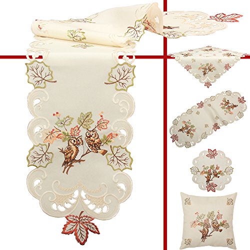 Quinnyshop - Eulen Blatt Stickerei Tischdeckchen Tischläufer ca. 45 x 110 cm Oval Leinen-Optik Polyester, Crème/Ecru von Quinnyshop