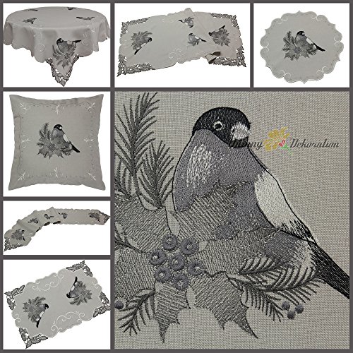 Quinnyshop Grau Tischband Tischdecke Tischläufer Kissenbezug Set Leinen-Optik Winter Vogel (ca. 25x160 cm Zugespitzt) von Quinnyshop