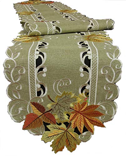 Quinnyshop Herbst Blätter Tischband Tischläufer Tischdecke Kissenhülle Leinen-Optik Grün Beige - Größe wählbar (ca. 30 x 160 cm) von Quinnyshop