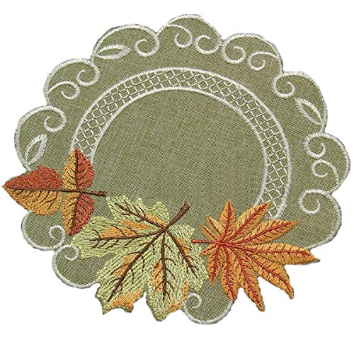 Quinnyshop Herbst Blätter Tischläufer Tischdecke Mitteldecke Kissenhülle Leinen-Optik Grün Beige - Größe wählbar (ca. 20 cm Rund) von Quinnyshop