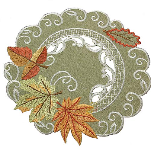 Quinnyshop Herbst Blätter Tischläufer Tischdecke Mitteldecke Kissenhülle Leinen-Optik Grün Beige - Größe wählbar (ca. 30 cm Rund) von Quinnyshop