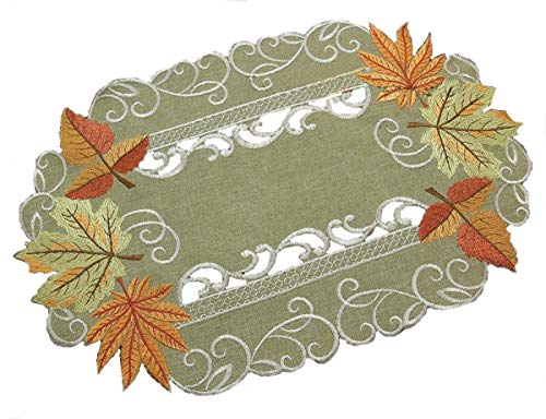 Quinnyshop Herbst Blätter Tischläufer Tischdecke Mitteldecke Kissenhülle Leinen-Optik Grün Beige - Größe wählbar (ca. 30 x 45 cm Oval) von Quinnyshop