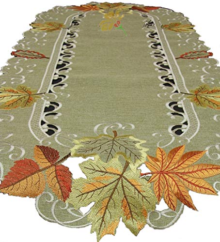 Quinnyshop Herbst Blätter Tischläufer Tischdecke Mitteldecke Kissenhülle Leinen-Optik Grün Beige - Größe wählbar (ca. 35 x 70 cm Oval) von Quinnyshop