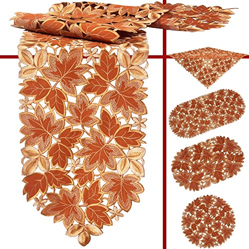 Quinnyshop Herbst Laubblätter Stickerei Deckchen 20 cm Rund Polyester, Terrakotta von Quinnyshop