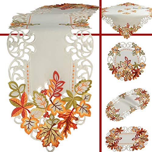 Quinnyshop Herbst Tischläufer Tischdecke Weiß gestickt mit bunten Blätter Mitteldecke Deckchen (ca. 40 x 90 cm Oval) von Quinnyshop