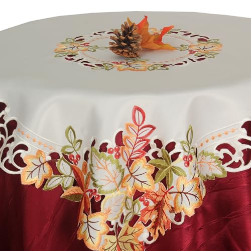 Herbst Tischläufer Tischdecke Weiß gestickt mit bunten Blätter Mitteldecke Deckchen (ca. 85 x 85 cm) von Quinnyshop