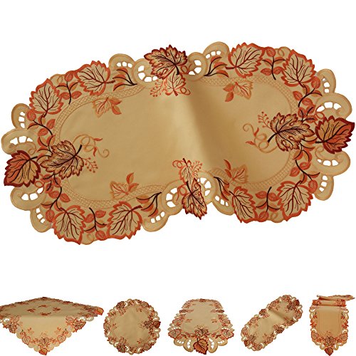 Quinnyshop Herbstlaub Tischdeckchen Tischläufer Decke Terrakotta - Orange Gold Braun Gelb Blätter Stickerei (ca. 30 x 45 cm Oval) von Quinnyshop