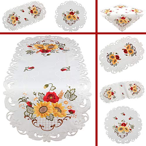 Quinnyshop Klatschmohn Sonnenblume Stickerei Mitteldecke 60 cm Rund Satin-Optik, Weiß von Quinnyshop