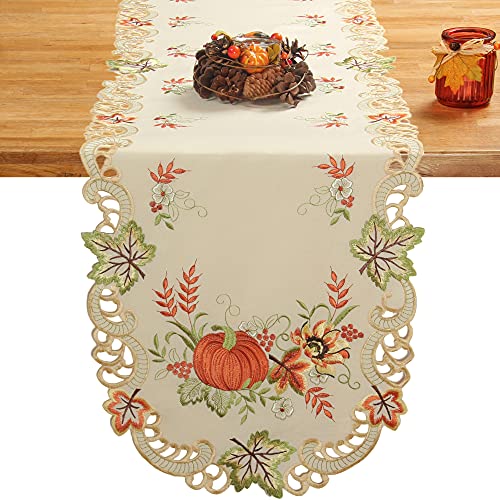 Quinnyshop Kürbis und Sonnenblume Stickerei Tischläufer 45 x 170 cm Polyester, Creme von Quinnyshop