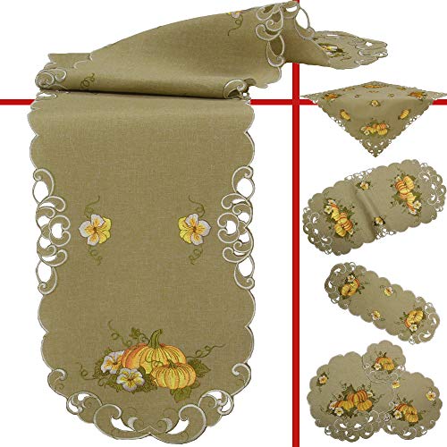 Quinnyshop Orange Kürbis Herbst Stickerei Tischdecke Deckchen ca. 30 cm Rund Polyester, Beige-Grün von Quinnyshop