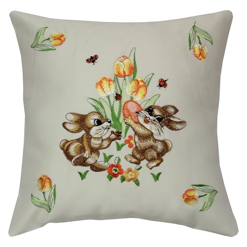 Quinnyshop Ostern KISSENHÜLLE 40x40_cm, Weiß mit gelb-orange Tulpen, Marienkäfer Stickerei - Größe wählbar von Quinnyshop