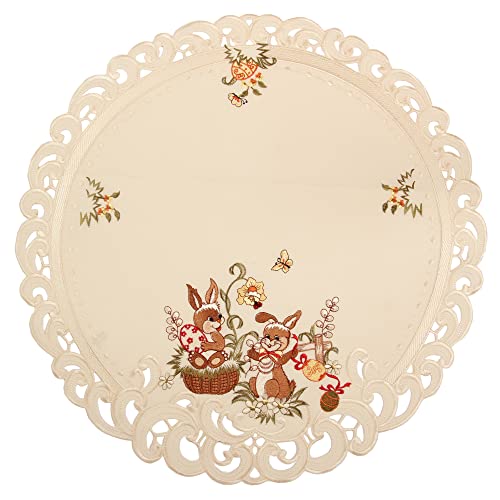 Quinnyshop Ostern Miteldecke Häschen Ostereier Stickerei Ecru Creme Leinen Optik ca. 60 cm Rund von Quinnyshop