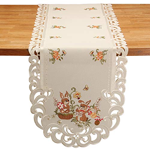 Quinnyshop Ostern Tischband Tischläufer Häschen Ostereier Stickerei Ecru Creme Leinen Optik ca. 45 x 170 cm Oval von Quinnyshop