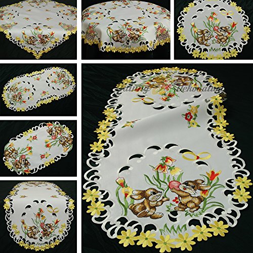 Quinnyshop Ostern Tischläufer/Tischdecke Weiß mit gelben Tulpen Stickerei - Größe wählbar (ca. 22 x 37 cm Oval) von Quinnyshop