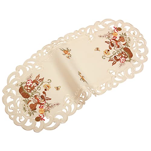 Quinnyshop Ostern Tischläufer Häschen Ostereier Stickerei Ecru Creme Leinen Optik ca. 38 x 88 cm Oval von Quinnyshop