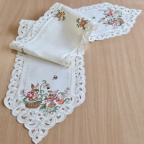 Quinnyshop Ostern Tischläufer Mitteldecke Tischdecke Häschen Ostereier Stickerei Ecru Creme Leinen Optik Polyester (28 x 160 cm) von Quinnyshop
