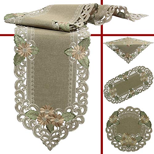 Quinnyshop Platzset Tischläufer Tisch-Deckchen Leinen-Optik Blumen Stickerei Set ca. 30x45 cm Oval Polyester, Grün-Beige von Quinnyshop