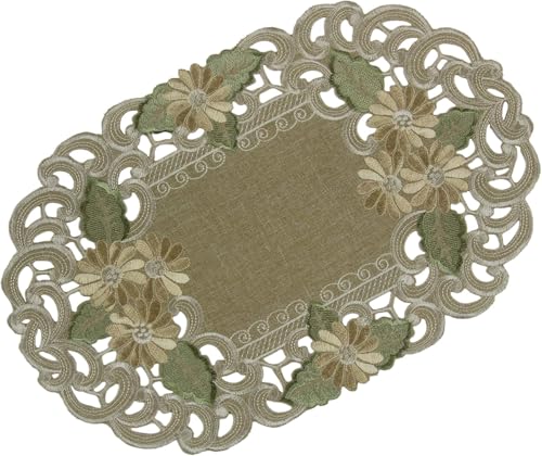 Quinnyshop Platzset Tischläufer Tisch-Deckchen Leinen-Optik Blumen Stickerei Set ca. 30x45 cm Oval Polyester, Grün-Beige von Quinnyshop