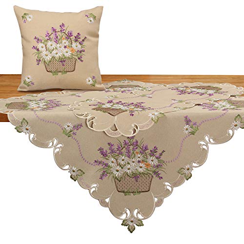 Quinnyshop Romantic Lila Lavendel Gänseblümchen Blumen Stickerei Deckchen ca. 30 x 45 cm Oval Polyester, Beige von Quinnyshop