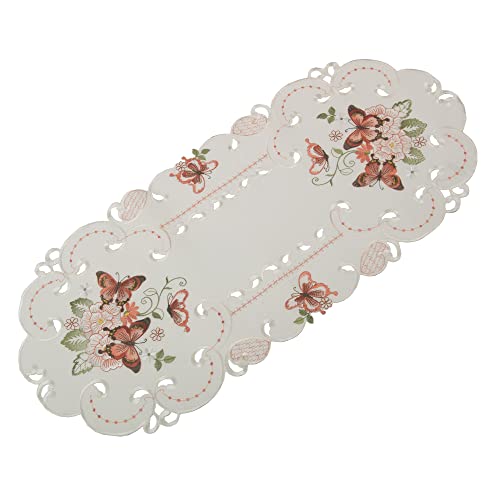 Quinnyshop Rosa Schmetterlinge Stickerei Frühling Tischdecke Tischläufer ca. 40 x 90 cm Oval Polyester, Weiß von Quinnyshop
