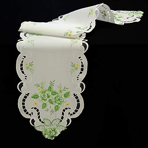 Quinnyshop Rosen Mitteldecke Tischdecke Tischläufer Decke weiß mit grün Blume Stickerei - Größe wählbar (ca. 30 x 160 cm Spitz) von Quinnyshop