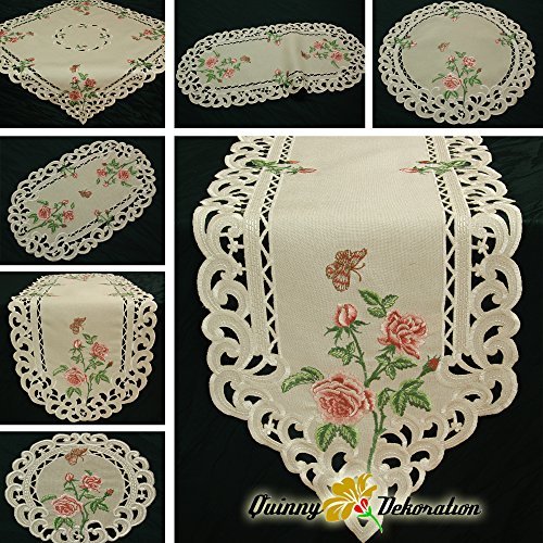 Quinnyshop Rosen Tischläufer/Tischdecke Leinen-Optik Creme mit rosa Blumen Stickerei - Größe wählbar (ca. 40 x 90 cm Oval) von Quinnyshop