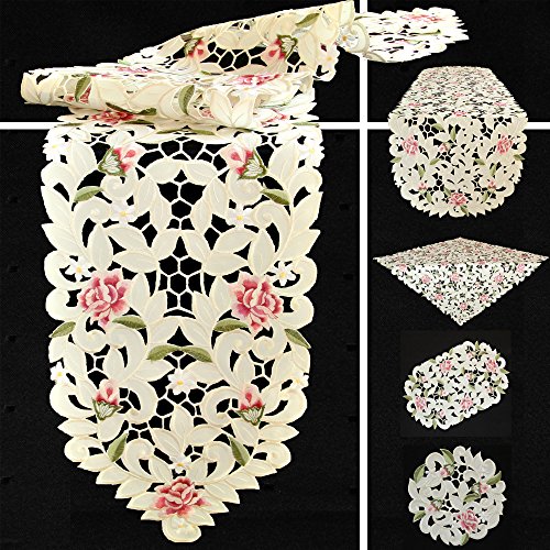 Quinnyshop Rosenblüten Durchbruchsstickerei Tischläufer 45 x 130 cm Oval Polyester, Creme von Quinnyshop