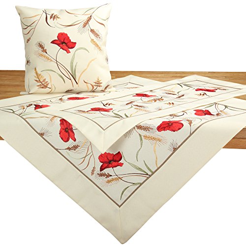 Quinnyshop Rot Klatschmohn Getreide Tischdecke Tischläufer Polyester, Creme - ca. 45 x 170 cm Eckig von Quinnyshop