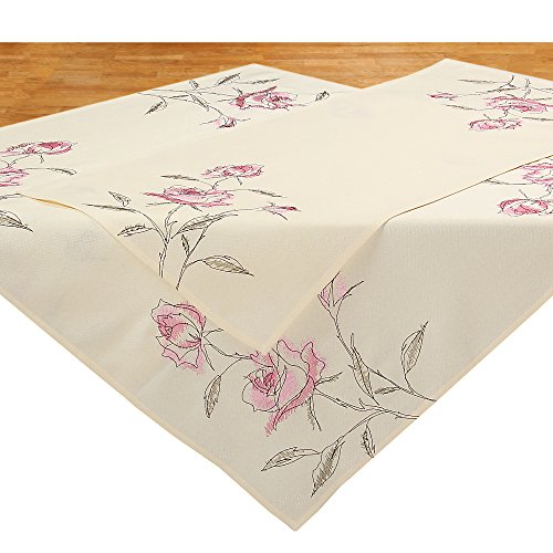 Quinnyshop Rote Rosen Stickerei Tischdecke Tischläufer ca. 40 x 140 cm Zugespitzt Leinen-Optik, Creme von Quinnyshop