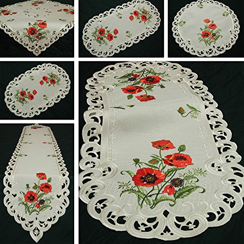 Quinnyshop Roter Klatschmohn Stickerei Mitteldecke 110 x 110 cm Eckig Polyester, Creme von Quinnyshop