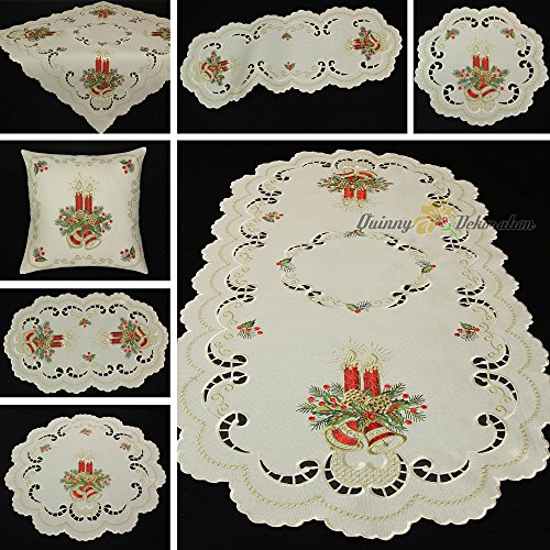 Quinnyshop Weihnachten Creme Rot Gold Leinen-Optik Tischdeckchen Tischläufer Decke Kissenhülle - Größe wählbar (ca. 40 cm Rund) von Quinnyshop