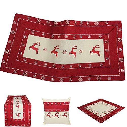 Quinnyshop-Weihnachten Motive Stickerei Rentiere und Schneeflocken Kissenbezug 40 x 40 cm Leinen-Optik Polyester, Creme Rot von Quinnyshop