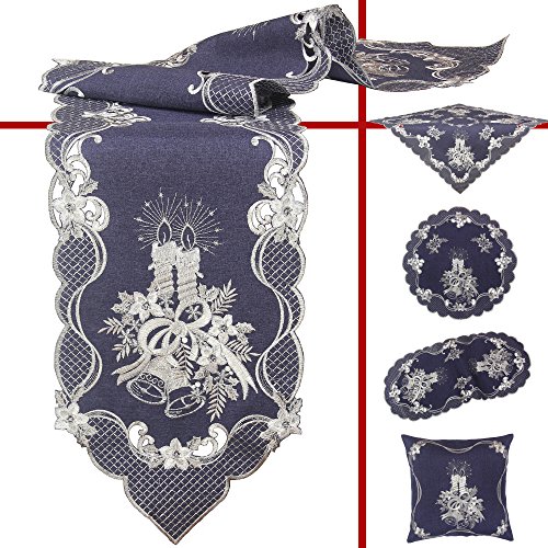 Quinnyshop Weihnachts-Tischläufer Bestickt mit Silber Kerzen und Glocken ca. 35x70 cm Oval Leinenoptik Polyester, Dunkelblau Quinnyshop Weihnachts-Tischläufer Bestickt mit Silber Kerzen und Glocken ca. 35x70 cm Oval Leinenoptik Polyester, Dunkelblau von Quinnyshop