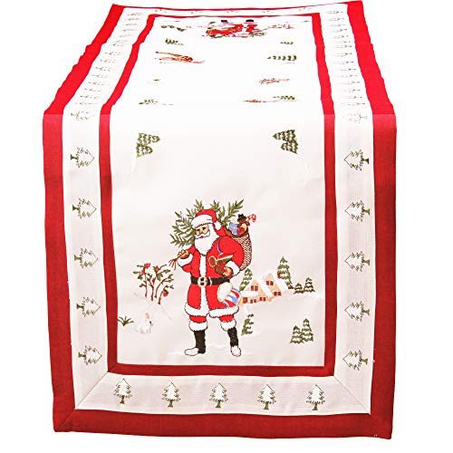 Quinnyshop Weihnachts-Tischläufer Bestickt mit Weihnachtsmann ca. 40x90 cm Polyester, Rot/Crème von Quinnyshop