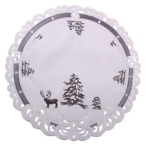 Quinnyshop Weihnachtsmitteldecke - Bestickt mit Hirsch und Tanne Motiv Leinenoptik Polyester Grau-Weiß ca. 60 cm Rund von Quinnyshop