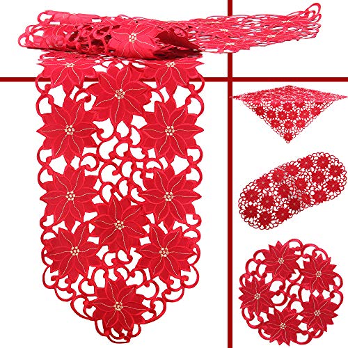 Quinnyshop Weihnachtsstern Poinsettie Winter Stickerei Tischdecke Tischläufer ca. 30 x 45 cm Oval Polyester, Rot von Quinnyshop