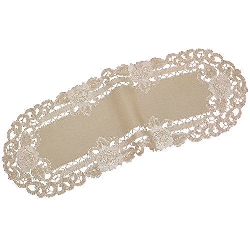 Quinnyshop Weiße Blumen Durchbruchsstickerei Tischläufer ca. 40 x 110 Oval Leinen-Optik, Beige von Quinnyshop