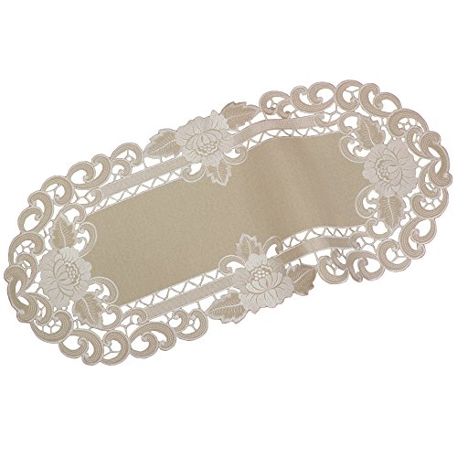 Quinnyshop Weiße Blumen Durchbruchsstickerei Tischläufer ca. 40 x 90 Oval Leinen-Optik, Beige von Quinnyshop