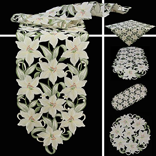 Quinnyshop Weiße Lilie Stickerei Tischdecke Deckchen ca. 20 cm Rund Polyester, Weiß Grün von Quinnyshop