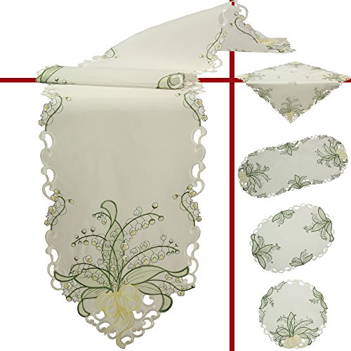 Quinnyshop Weiße Maiglöckchen Stickerei Tischläufer 30 x 45 cm Oval Polyester, Creme von Quinnyshop