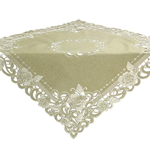 Quinnyshop Rosen Tischdecke/Tischläufer Leinen-Optik Grün-Beige mit Blumen Stickerei - Größe wählbar (ca. 85 x 85 cm) von Quinnyshop