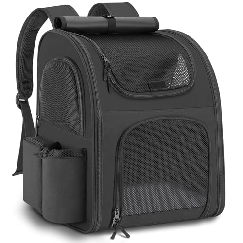 Hunderucksack bis 10kg, Haustier Rucksack mit Netzfenster, Faltbare Katzenrucksack Hunde Rucksack, Atmungsaktive und Leichte Dog Cat Backpack mit Innerer Sicherheitsleine und Haustiermatte - Schwarz von Quirlig