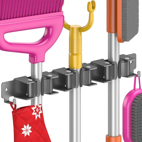 Quirlig Besenhalterung Wand Selbstklebend, Besenhalter ohne Bohren mit 3 Halter & 2 Haken, Edelstahl Gerätehalter Aufhängung, Wandhalterung für Gartengeräte, Schwarz von Quirlig