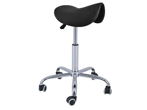 QUIRUMED Pony-Hocker mit 5 Rädern, Chromgestell, Schwarze Farbe, Kunstlederpolsterung, höhenverstellbar, leicht, ergonomisches Design, drehbar, bis zu 150 kg von Quirumed
