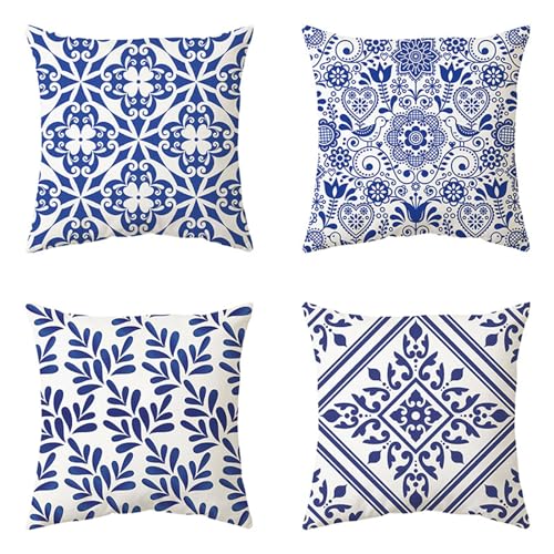 Kissenbezug 45x45 cm 4er Set Blaues Mandala Deko Kissen Kissenhülle Outdoor Sofakissen Kissenbezüge Quadratische Leinen Dekokissen Zierkissenbezüge für Schlafzimmer Sofa Stuhl Bett Garten Dekor von Quitey