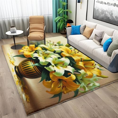 Quixora Flauschig Teppiche 180 x 240 cm, GrüNes Blatt Orange Blumen Weich Wohnzimmerteppich rutschfest Waschbar Bettvorleger Schlafzimmer Pflegeleichter Carpet von Quixora