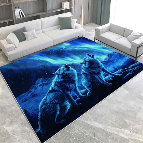 Quixora Animal-Print-Wolf-Blau-Thema Teppich Gegend Waschbare Weich rutschfest Wohnzimmerteppich 80x150 cm, für Küchen Esszimmer Eingangsbereich Balkon Garten Terrasse von Quixora
