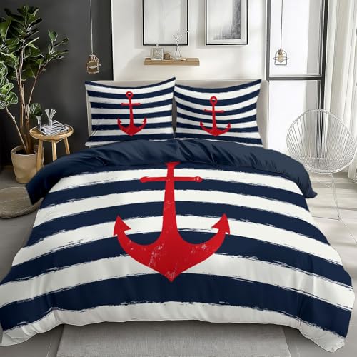 Quixora Anker Blau Weiß Streifen Bettwäsche Set Dunkelblau Bettbezug mit Reißverschluss Pflegeleicht Atmungsaktiv Mikrofaser 155 x 220 cm 2 Kissenbezug 80x80cm von Quixora