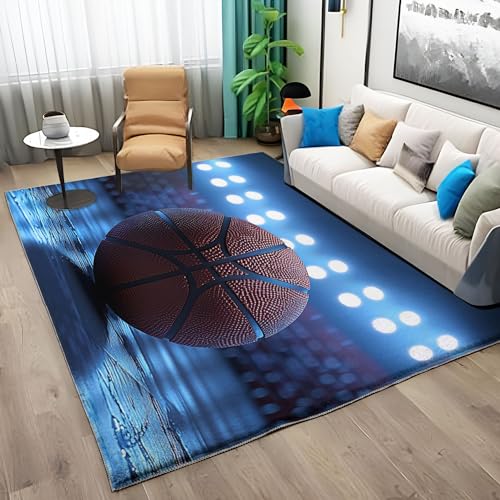 Quixora Basketball Design Teppich Weich Kurzflor Wohnzimmerteppich rutschfest Waschbar Schlafzimmer Bettvorleger Blau Teppich Waschbar in Waschmaschine, Pflegeleicht 120x170 cm von Quixora